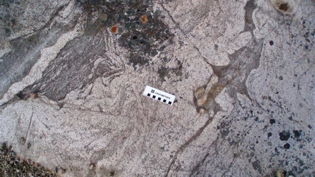 Gros plan d’une croûte continentale de 2,7 milliards d’années du Nunavik, dans le nord du Québec, montrant une histoire complexe de remodelage de roches océaniques de plus de 4,2 milliards d’années. (Véronique Villeneuve)