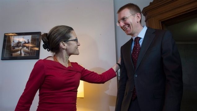 Minister of Foreign Affairs Chrystia Freeland welcomes Edgars Rinkevics to her office on Parliament Hill on Thursday. Rinkevics says Canada and Latvia need to be prepared to counter Russian-backed cyberattacks as a part of Canada's NATO mission to deter Russian aggression in the country. 