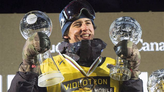 Canadian snowboarder Marc McMorris raised the Crystal Globes he won at the FIS Snowboard World Cup Big Air event in Quebec City on February 11, 2017. He was severely injured in a snowboarding accident on March 25, 2017.