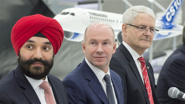 At the news conference to announce the government’s loan to Bombardier, Innovation Minister Navdeep Bains (left) said the loan would save thousands of highly-paid technology jobs in the provinces of Quebec and Ontario.