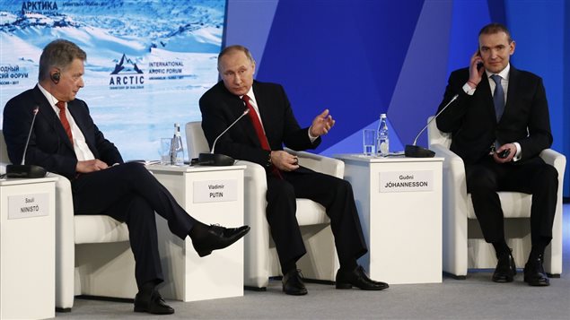 Finnish President Sauli Niinisto, Russian President Vladimir Putin and President of Iceland Gudni Johannesson attend a session of the International Arctic Forum in Arkhangelsk, Russia March 30, 2017.