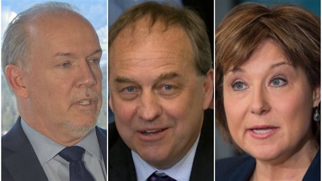 Los líderes políticos en campaña en Columbia Británica: el neodemócrata John Horgan, el verde Andrew Weaver y la liberal Christy Clark, la primera ministra saliente en esa provincia.
