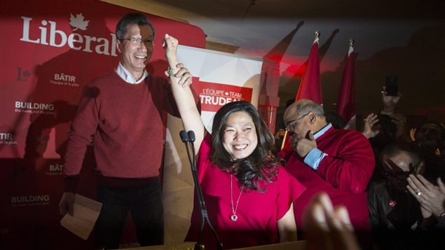 Liberal Candidate Mary Ng stands on the podium after winning the Markham-Thornhill federal byelection in Markham, Ontario, on Monday April 3, 2017. 
