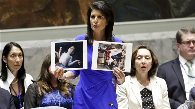 Nikki Haley, U.S. ambassador to the UN, showed pictures of Syrian victims of chemical attacks to the Security Council. U.S. President Donald Trump blamed the attack on the Assad government.