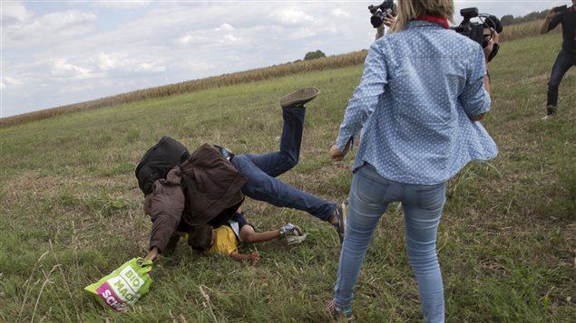 Un migrante con un niño en los brazos cae al suelo después que la camarógrafa de la televisión Petra Lazlo, le hubiera hecho una zancadilla, cerca del pueblo de Roszke, Hungría. 