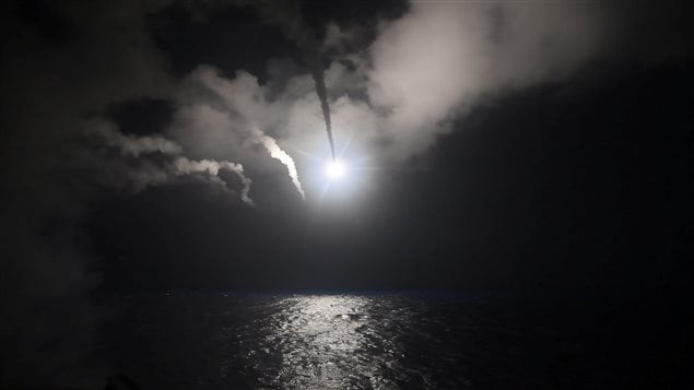 U.S. Navy guided-missile destroyer USS Porter (DDG 78) conducts strike operations while in the Mediterranean Sea which U.S. Defense Department said was a part of cruise missile strike against Syria on April 7, 2017.