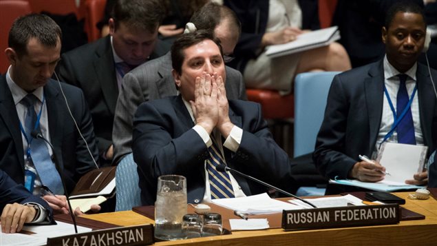 Russian Deputy Permanent Representative to the United Nations Vladimir Safronkov listens during a meeting of the United Nations Security Council at U.N. headquarters, April 5, 2017 in New York City.