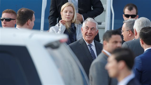 U.S. Secretary of State Rex Tillerson attends a welcoming ceremony upon his arrival at Vnukovo International Airport in Moscow, Russia April 11, 2017. 