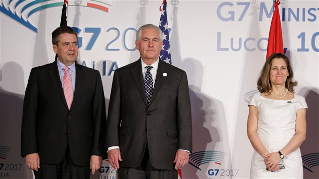 German Foreign Minister Sigmar Gabriel (L), U.S. Secretary of State Rex Tillerson (C), and Canada’s Foreign Affairs Minister Chrystia Freeland pose for a family photo during a G7 for foreign ministers in Lucca, Italy April 11, 2017.