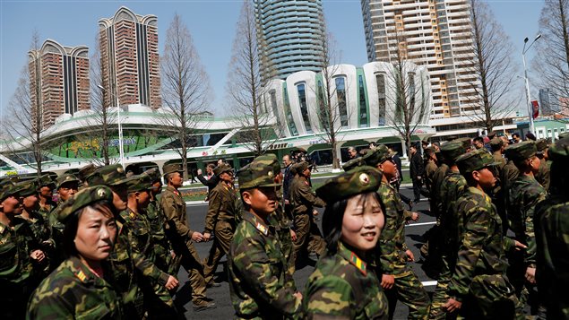 Soldiers visit newly constructed residential complex after its opening ceremony in Ryomyong street in Pyongyang, North Korea April 13, 2017. 