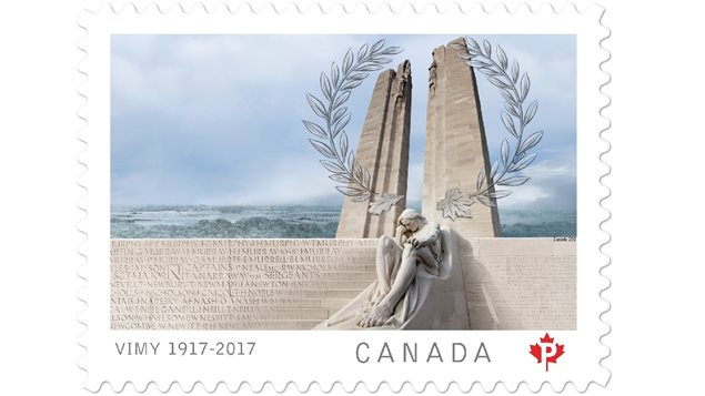 The Canadian stamp showing the two huge towers, the thousands of Canadians killed with no known graves whose names are inscribed on the memorial, and one of the many statues at the monument, this one the *greiving father* on one side of the steps, which matches the grieving mother on the other side