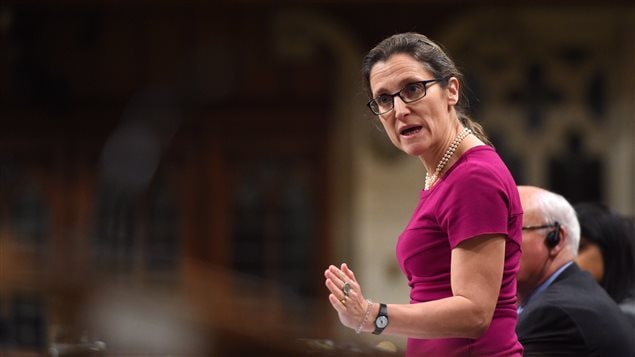 Minister of Foreign Affairs Chrystia Freeland responds to a question during question period in the House of Commons on Parliament Hill in Ottawa on Thursday, April 13, 2017. 