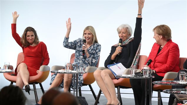 Canadian Minister of Foreign Affairs Chrystia Freeland, Ivanka Trump, daughter of U.S. President Donald Trump, International Monetary Fund (IMF) Managing Director Christine Lagarde and German Chancellor Angela Merkel talk on stage at the W20 conference on April 25, 2017 in Berlin, Germany. 