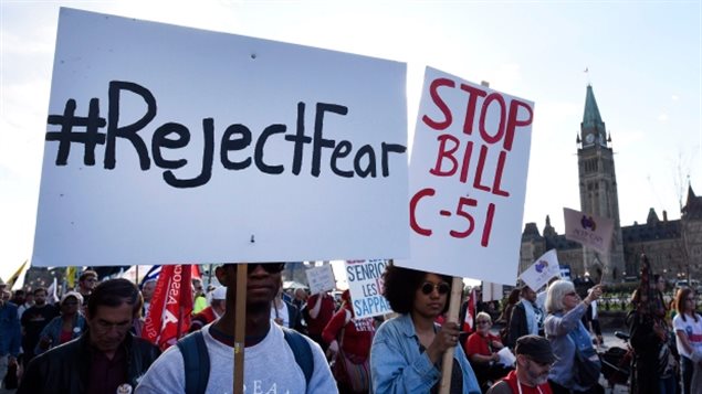 Rallies were held across Canada in 2015 to protest against the Conservative government’s Anti-Terrorism Law.