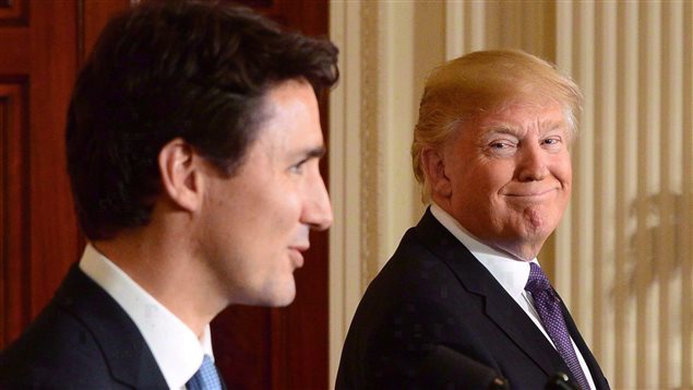 Prime Minister Justin Trudeau and U.S. President Donald Trump take part in a joint press conference at the White House in Washington, D.C., on February 13, 2017. The White House says U.S President Donald Trump has told both Prime Minister Justin Trudeau and Mexico’s president that he has agreed not to terminate the North American Free Trade Agreement at this time. 