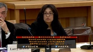  Sujata Dey speaking at a Senate trade committee this week asking Senators not to rush approval of the CETA deal. *Many Canadians and Europeans are concerned that CETA is based on a blueprint for trade which gives incredible rights to corporations: protections on investments, patents, public services, regulatory harmonization, with nothing for the environment and for other stakeholders.*