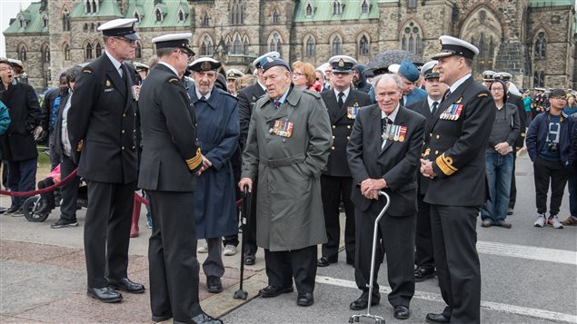   Royal Canadian Navy Command staff speak with veterans shortly before the Battle of the Atlantic ceremony on Parliament Hill  Ottawa on May 1st, 2016.