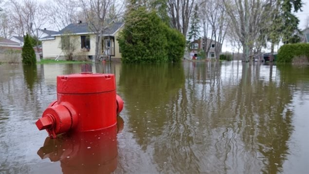 Streets bordering the area around the Rivière des Prairies in Montreal suburb of Pierrefonds, Quebec, are covered by several centimetres of water. (Simon-Marc Charron/Radio-Canada)
