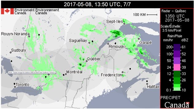 Rain is still falling in areas around eastern Ontario, and Quebec. More scattered showers are likely to coninue from the slow moving systems.