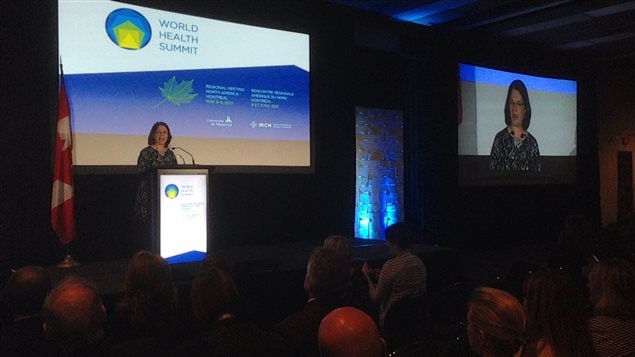 Federal Health Minister Dr. Jane Philpott addresses the World Health Summit in Montreal on May 8, 2017. Philpott acknowledged that addressing the health needs of Canada’s First Nations is one of the biggest challenges facing her government.