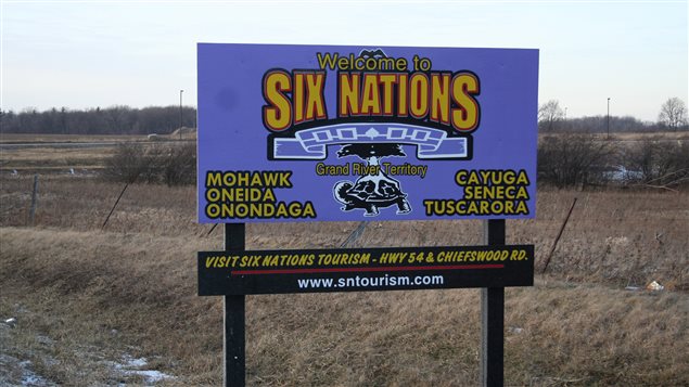 A sign at the entrance of the Six Nations of the Grand River reserve in southwestern Ontario in the Six Nations Reserve January 31, 2008. Picture taken January 31, 2008. 