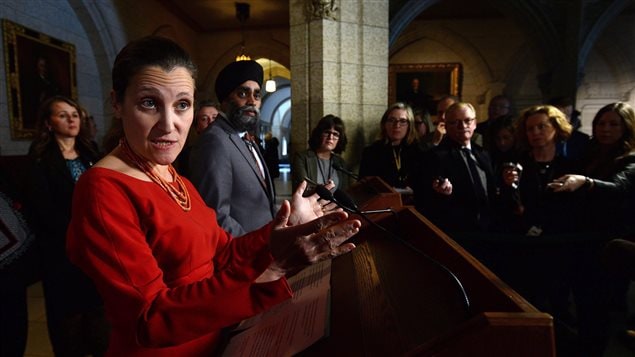 Defence Minister Harjit Sajjan and Foreign Affairs Minister Chrystia Freeland hold a press conference in the foyer of the House of Commons on Parliament Hill in Ottawa on Monday, March 6, 2017.