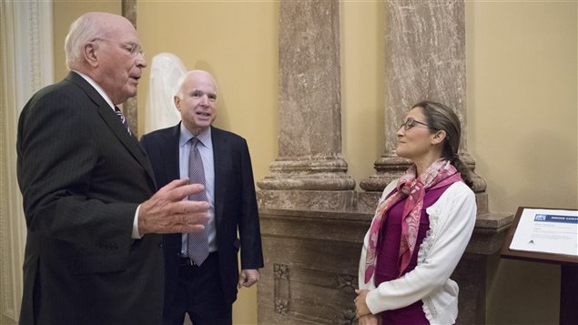 Sen. Patrick Leahy, D-Vt., left, and Senate Armed Services Committee Chairman Sen. John McCain, R-Ariz. talk with Canadian Foreign Affairs Minister Chrystia Freeland during her visit to Capitol Hill in Washington, Tuesday, May 16, 2017. 