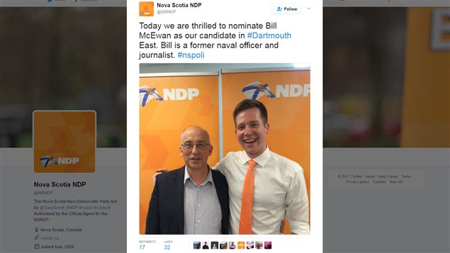 An image of Bill McEwen on the provincial Nova Scotia NDP page welcoming him as a candidate for the party. 