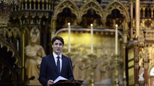 Justin Trudeau dans une église de Montréal mercredi 17 mai.