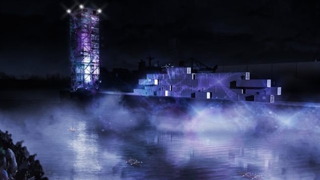 An image showing what the Montreal Avudo light show may look like in Montreal’s Old Port in the summer of 2017. (Finzi Pasca, 375mtl)