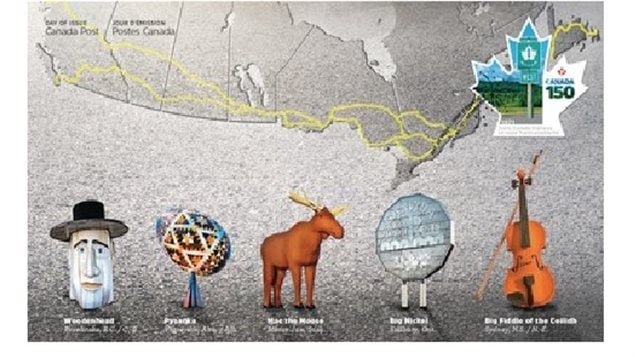 The first day cover shows the route of the Trans-Canada Highway traced in yellow stretching across the country. and five of the many giant roadside statues one could see.