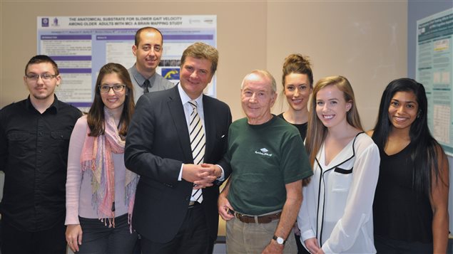 Members of the study’s research team, from left to right: Korbin Blue, Research Assistant (Co-op Student); Yanina Sarquis-Adamson, Lab Research Assistant; Frederico Faria, Post-Doctoral Fellow; Dr. Montero Odasso, Director, Gait and Brain Lab; research participant; Alanna Black, Lab Research Coordinator; Stephanie Cullen, Research Assistant (Undergraduate Student); and, Navena Lingum, Research Assistant (Master Student