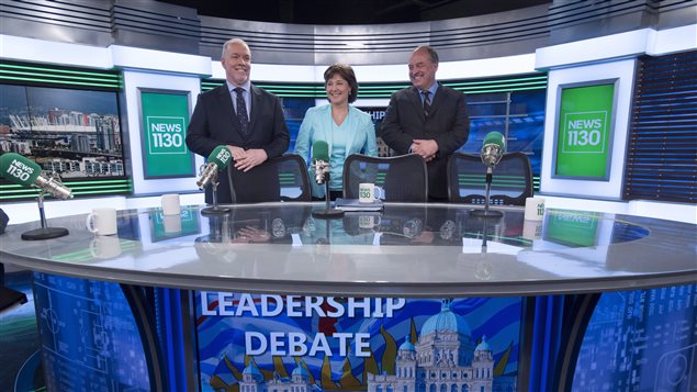 B.C. NDP leader John Horgan, left to right, Liberal Leader Christy Clark and B.C. Green Party leader Andrew Weaver pose for a photo following the leaders debate in Vancouver, B.C., Thursday, April 20, 2017.