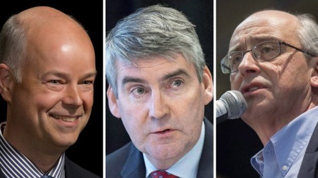 El jefe progresista conservador, Jamie Baillie; el jefe liberal, Stephen McNeil y el jefe neo-demócrata, Gary Burril.