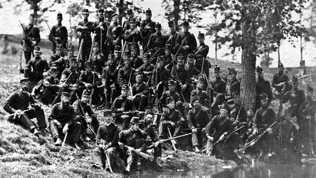 No 5 Company, Queen’s Own Rifles of Canada Regiment on maneuvers, Stratford (Ontario), 1866.The QOR continues to this day as a reserve regiment in Toronto