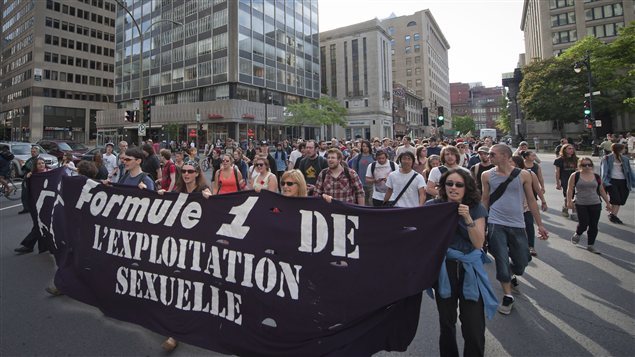 A demonstration in downtown Montreal against sexual exploitation during the F1 race in 2012