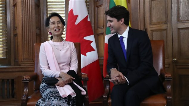 Myanmar State Counsellor Aung San Suu Kyi meets with Canadian Prime Minister Justin Trudeau in Ottawa, Ontario, on June 7, 2017.