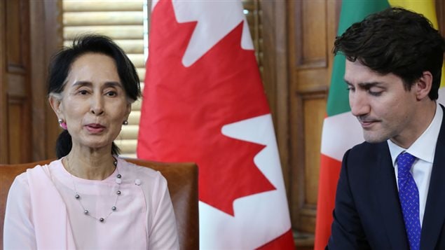 Myanmar State Counsellor Aung San Suu Kyi meets with Canadian Prime Minister Justin Trudeau in Ottawa, Ontario, on June 7, 2017.