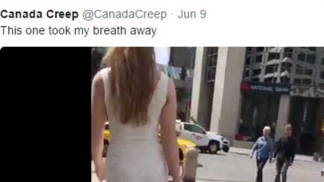 Alexandra Constantinidis said it felt ’violating’ when she learned she had been followed and recorded on video that was posted to the ’CanadaCreep’ Twitter account, which had amassed 17,000 followers in a year, before being suspended Tuesday morning. She agreed to have this screenshot of the video published as part of this story. (Twitter )