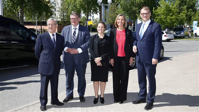 EU Environment commissioner Karmenu Vella, Finnish Foreign Minister Timo Soini, Canadian Foreign Minister Chrystia Freeland, European Union High Representative for Foreign Affairs Federica Mogherini and Finnish Prime Minister Juha Sipila meet to open an event on EU Arctic policy in Oulu, Finland June 15, 2017.