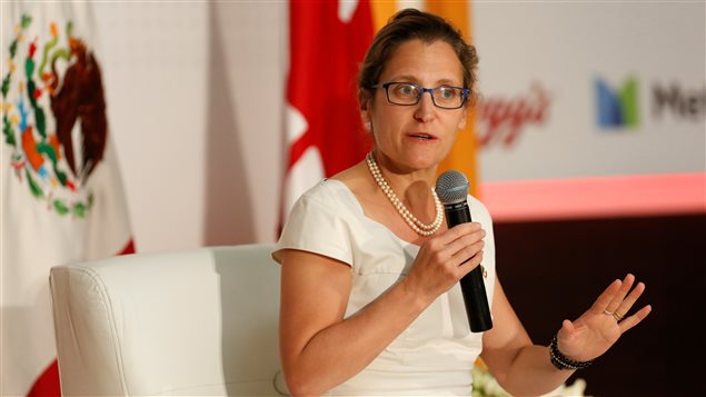 Canada’s Foreign Minister Chrystia Freeland speaks during an event organised by Americas Society/Council of the Americas at National Palace in Mexico City. Mexico, May 23, 2017.