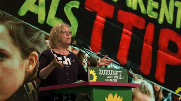 Elizabeth May called for Greens to create a more inclusive world, and one where trade agreements benefit all the people, not just the multinational corporations.