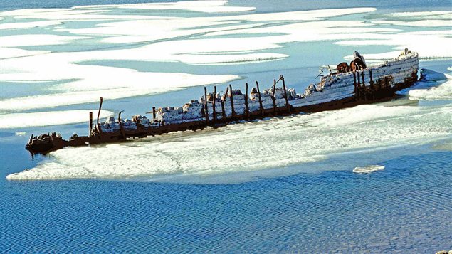 The wreck of the Maud, across from Cambridge Bay circa 1998