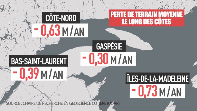 Des experts de la Chaire de recherche en géoscience côtière de l’UQAR ont calculé le déplacement moyen de la ligne de côte. Ces données indiquent que la Côte-Nord perd, en moyenne, 63 centimètres de terrain chaque année le long de la côte. Cette perte moyenne annuelle est de 30 centimètres en Gaspésie, 73 centimètres aux Îles-de-la-Madeleine et 39 centimètres au Bas-Saint-Laurent. Photo : Radio-Canada