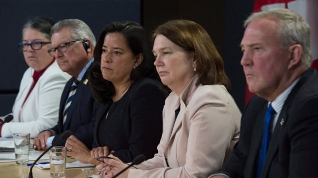 Minister of National Revenue Diane Lebouthillier, Public Safety Minister Ralph Goodale, Justice Minister Jody Wilson-Raybould, Health Minister Jane Philpott and parliamentary secretary Bill Blair listen to a question after announcing the legalization of marijuana during a news conference in Ottawa on April 13. 2017