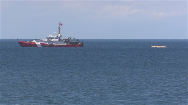 A coast guard ship tows one of the right whales toward shore on Wednesday. 