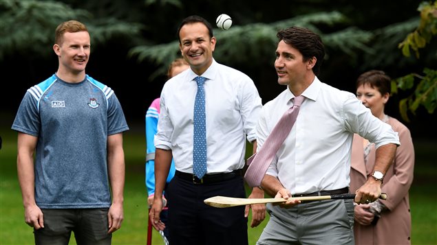 Canada’s Prime Minister Justin Trudeau plays a game of hurling with Taoiseach Leo Varadkar at Farmleigh House, Dublin, Ireland July 4, 2017. 
