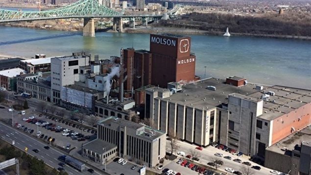 Molson’s as viewed from the city side with portions of the oldest sections, almost 100 years old and the iconic (idle) smokestack visible in the centre