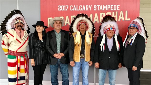 The Treaty 7 Chiefs will lead this year’s Calgary Stampede parade. From left to right: Coun. Floyd Big Head (representing Chief Roy Fox), Lowa Beeba (representing Chief Stanley Grier), Bradford Little Chief (representing Chief Joseph Weasel Child), Chief Darcy Dickson, Chief Lee Crowchild and Chief Aaron Young. Not pictured is Chief Ernest Wesley. First Nations culture and traditions are featured attractions during the Stampede.