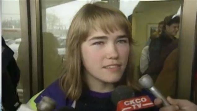Gwen Jacob, Guelph Univeristy student in 1992. Coming from court. As a 19 year-old fought a charge of public indency. Eventually she won the case in 1996 and Ontario laws against women going topless were changed.